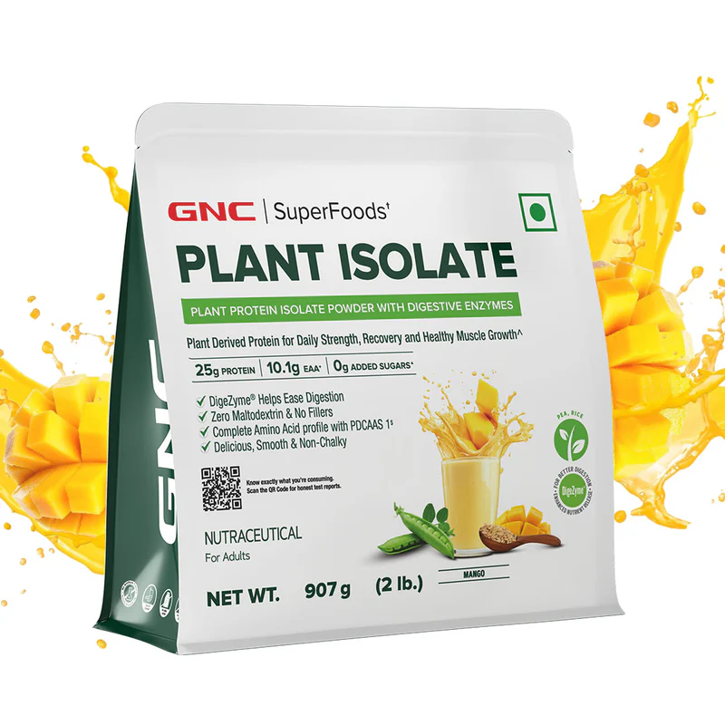gnc superfood plant isolate 25g plant protein blend | pea + brown rice | complete amino profile | clean & easy digestion 2 lbs | mango