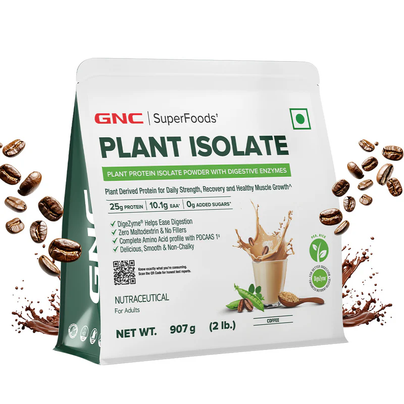 gnc superfood plant isolate 25g plant protein blend | pea + brown rice | complete amino profile | clean & easy digestion 2 lbs | coffee