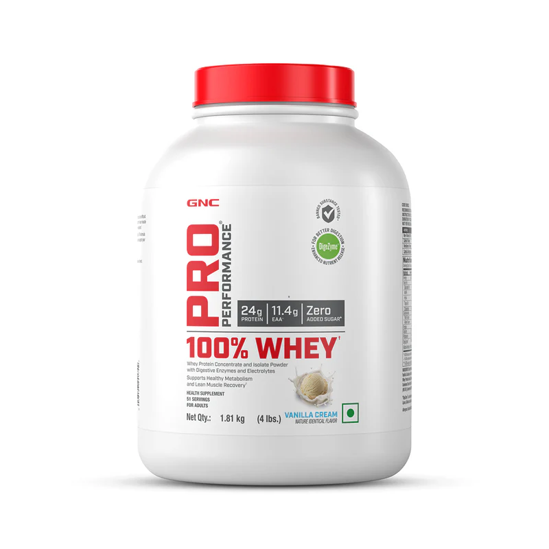 gnc 100% whey protein faster recovery & lean muscle gains 4 lbs | vanilla cream (51 serves)