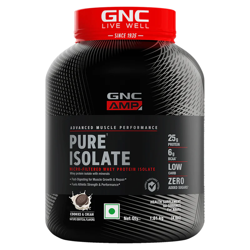 gnc amp pure isolate (low/zero carb) advanced muscle building to amplify muscle performance | informed choice certified 4lb 4 lbs | cookies & cream