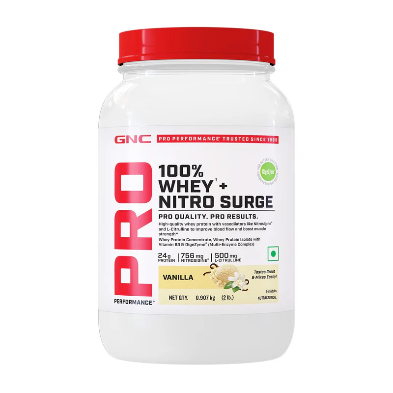 gnc 100% whey + nitro surge india's first cardio protect whey | improve blood flow and boost muscle strength 2 lbs | vanilla