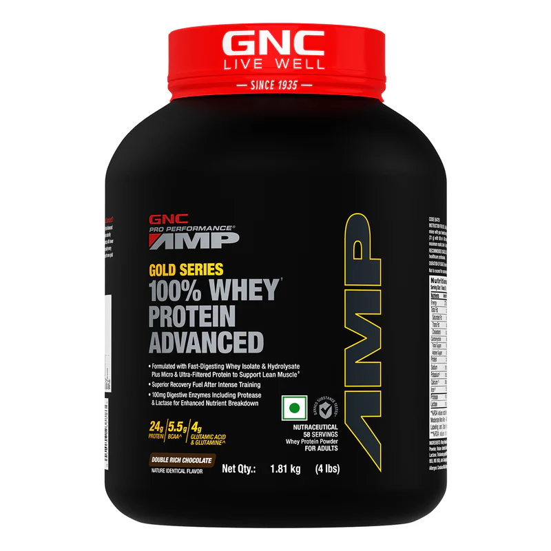gnc amp gold series 100% whey protein advanced boosts muscle gains, recovery & workout performance 4 lbs | double rich chocolate