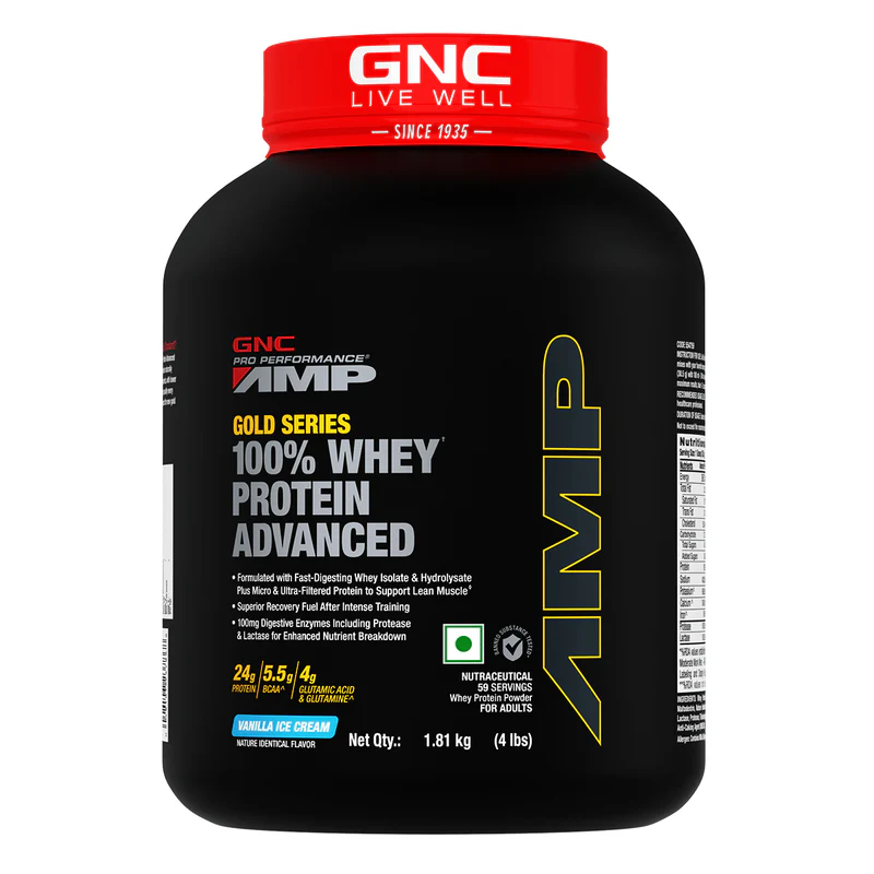 gnc amp gold series 100% whey protein advanced boosts muscle gains, recovery & workout performance 4 lbs | vanilla