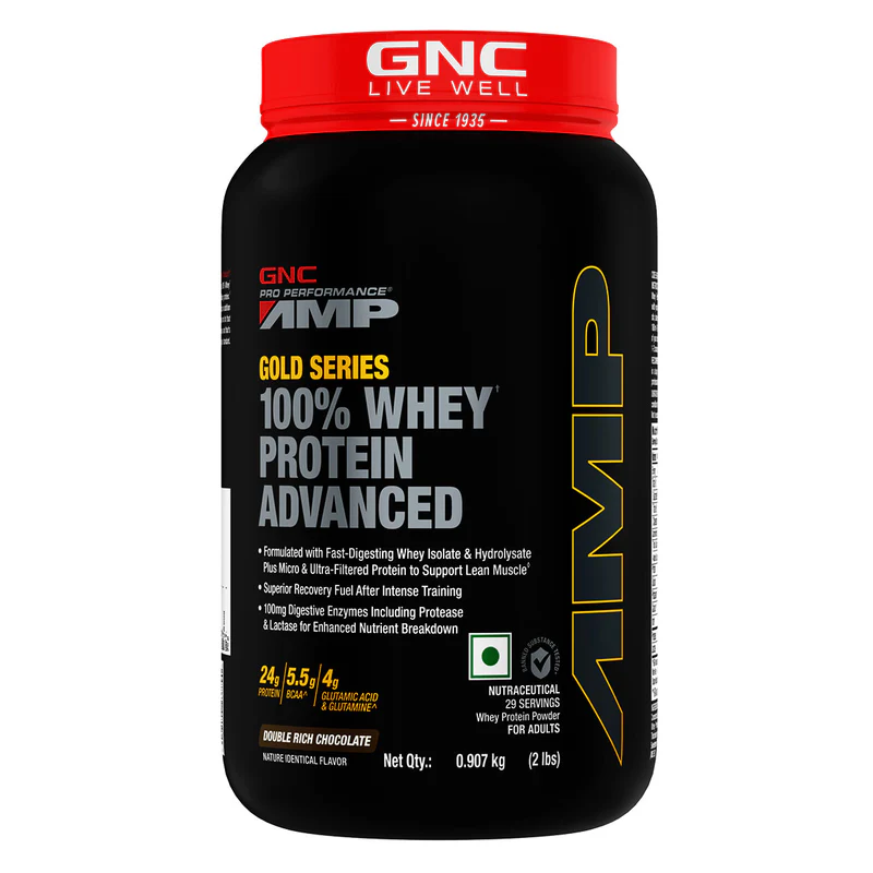 gnc amp gold series 100% whey protein advanced boosts muscle gains, 2 lbs | double rich chocolate
